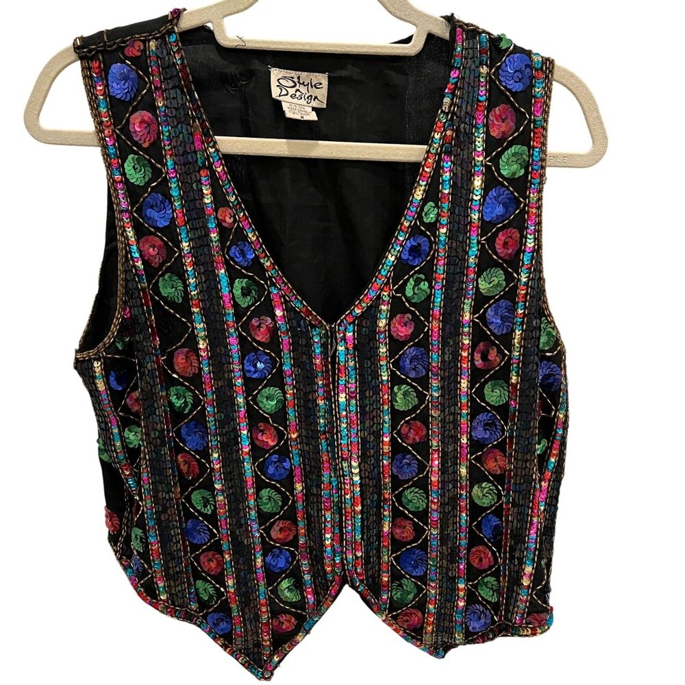 Vintage 80s Colorful Sequin Embellished Style Design Vest M 100% Silk